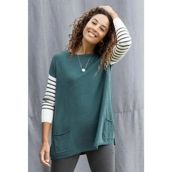 Matilda Jane Women Corie Pullover Boho Sweater Tunic Teal Striped Sleeves M. - Picture 1 of 7